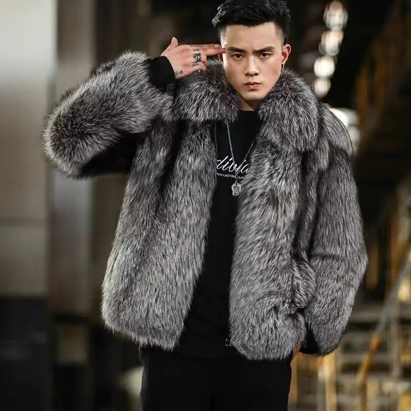 Luxury Brand Men's Autumn Winter Fluffy New Business Casual Silver Fox Fur Jacket Faux Fur Coats Fashion Charming Warm Tops