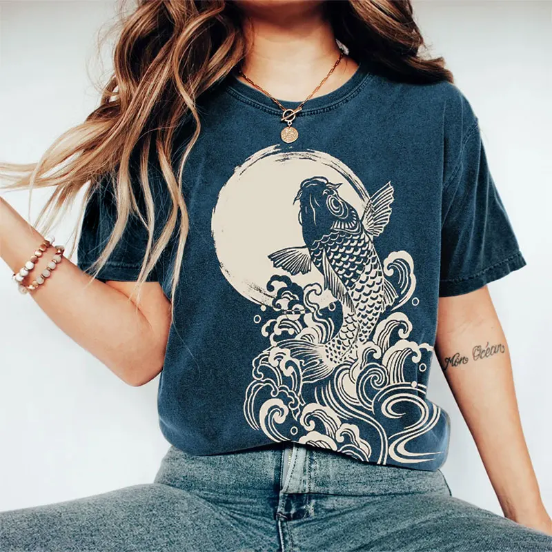 

Vintage Style Koi Fish Jump Out Of The Water Pattern O Neck Short Sleeved Summer Girls Blue T Shirt