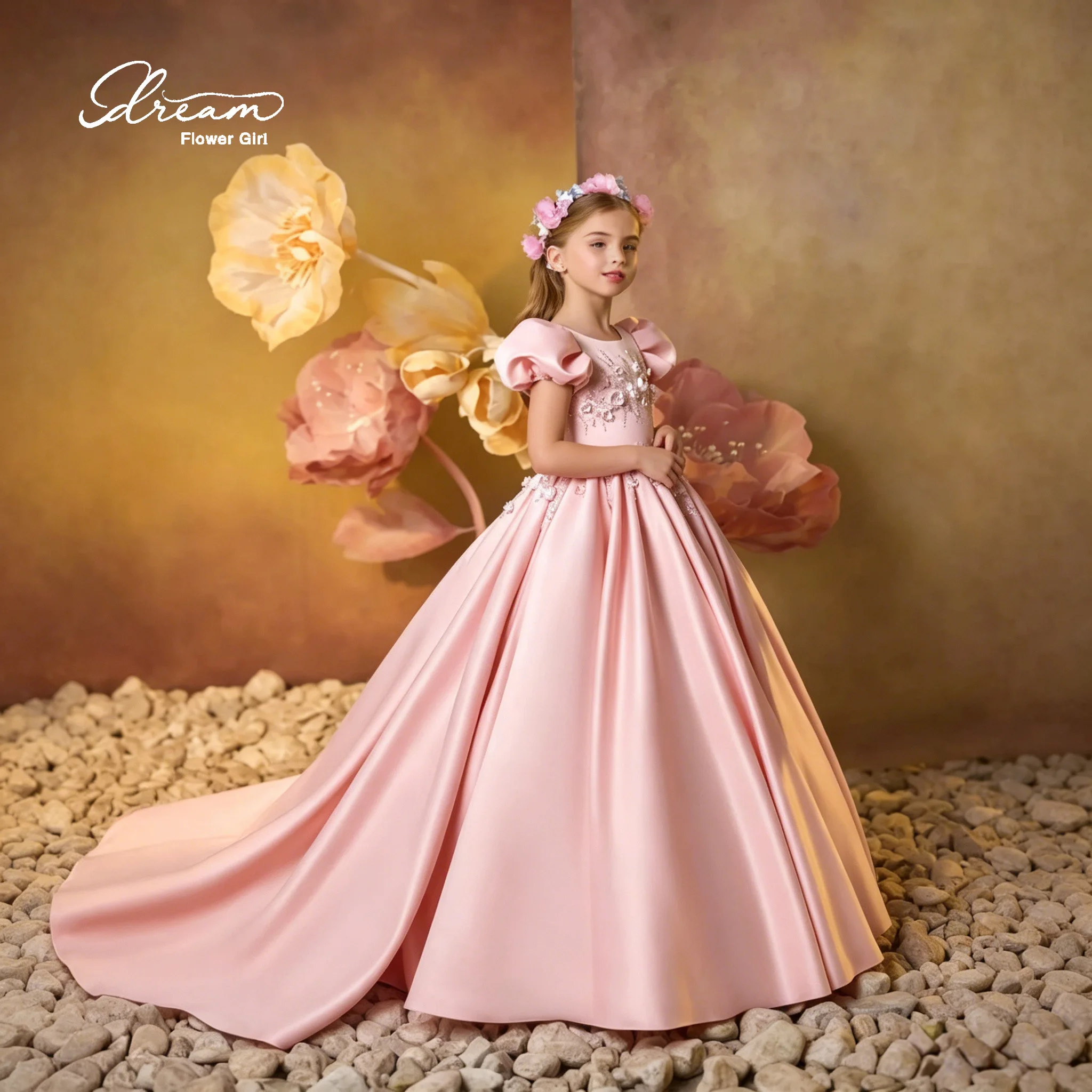 Elegant pink round-necked balloon sleeves floor-length embroidered floor-length evening dress