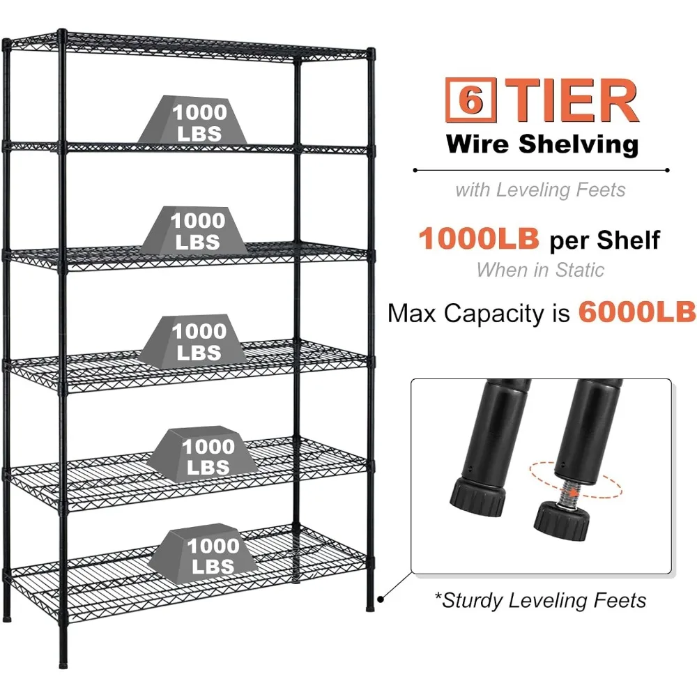 

6000Lbs Capacity Heavy Duty Storage Shelves Commercial Wire Shelving Unit and Storage Adjustable NSF 6 Tier Metal Rack Shelf on