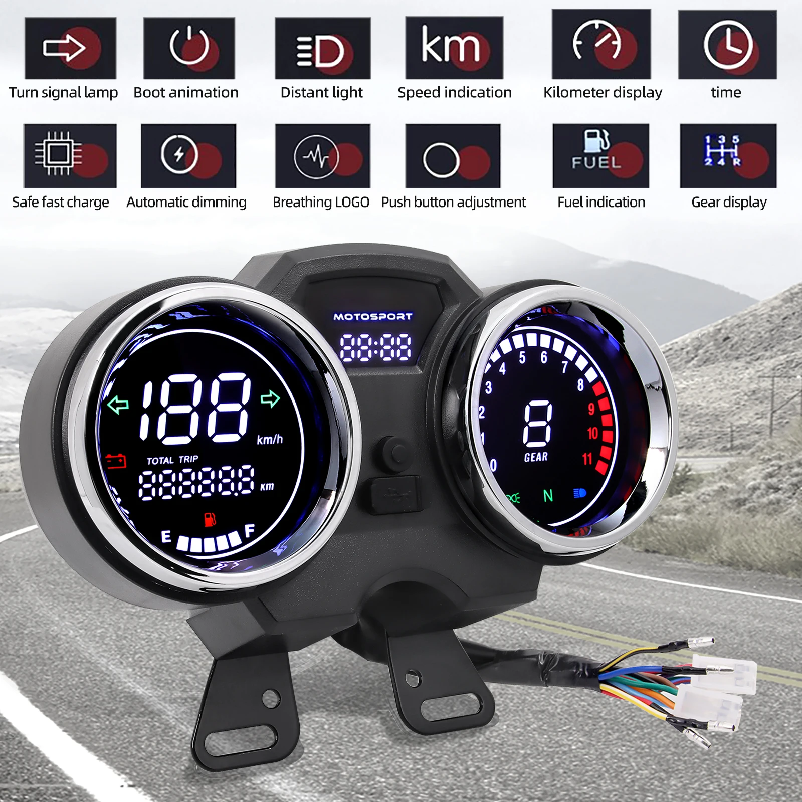 SS Motorcycle Speedometer Digital Odometer Meter Gauge Large Screen Full Anti-glare Display Multifunction Instrument Dashboard