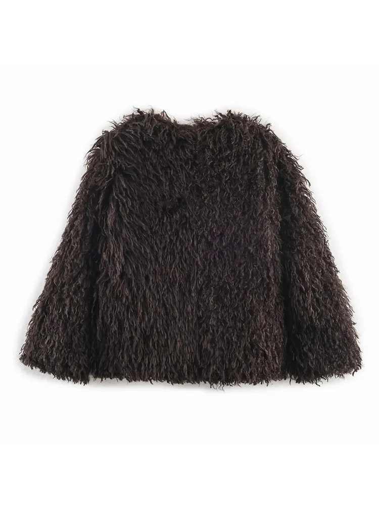 أزياء براون فو الفراء معطف المرأة جولة الرقبة فضفاضة طويلة الأكمام سميكة أفخم سترة قصيرة شتاء جديد