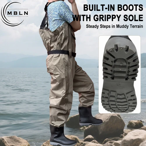 Imagen 2 del producto Trampas de pesca con botas, pantalones impermeables de nailon, correas ajustables, 170T, resistencia al agua de 15000MPa, equipo caqui para exteriores, 1 ud.