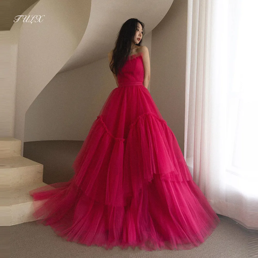 

TULX Princess Rose Red Tulle Evening Dress Korea Wedding Photo Shoot Strapless A line Long Tiered Party Dress Corset Customized