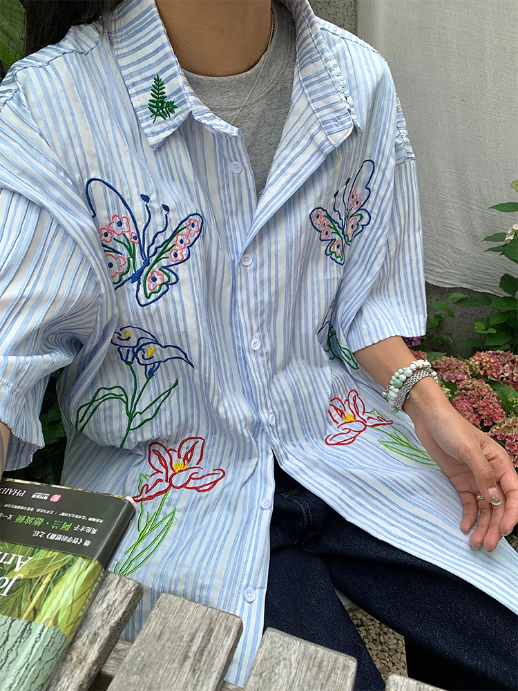 

NIDEBLA Korean Sle Loose Fit ort Sve Embroidered Floral Print irt for Girls Summer Breathable Polyester ...