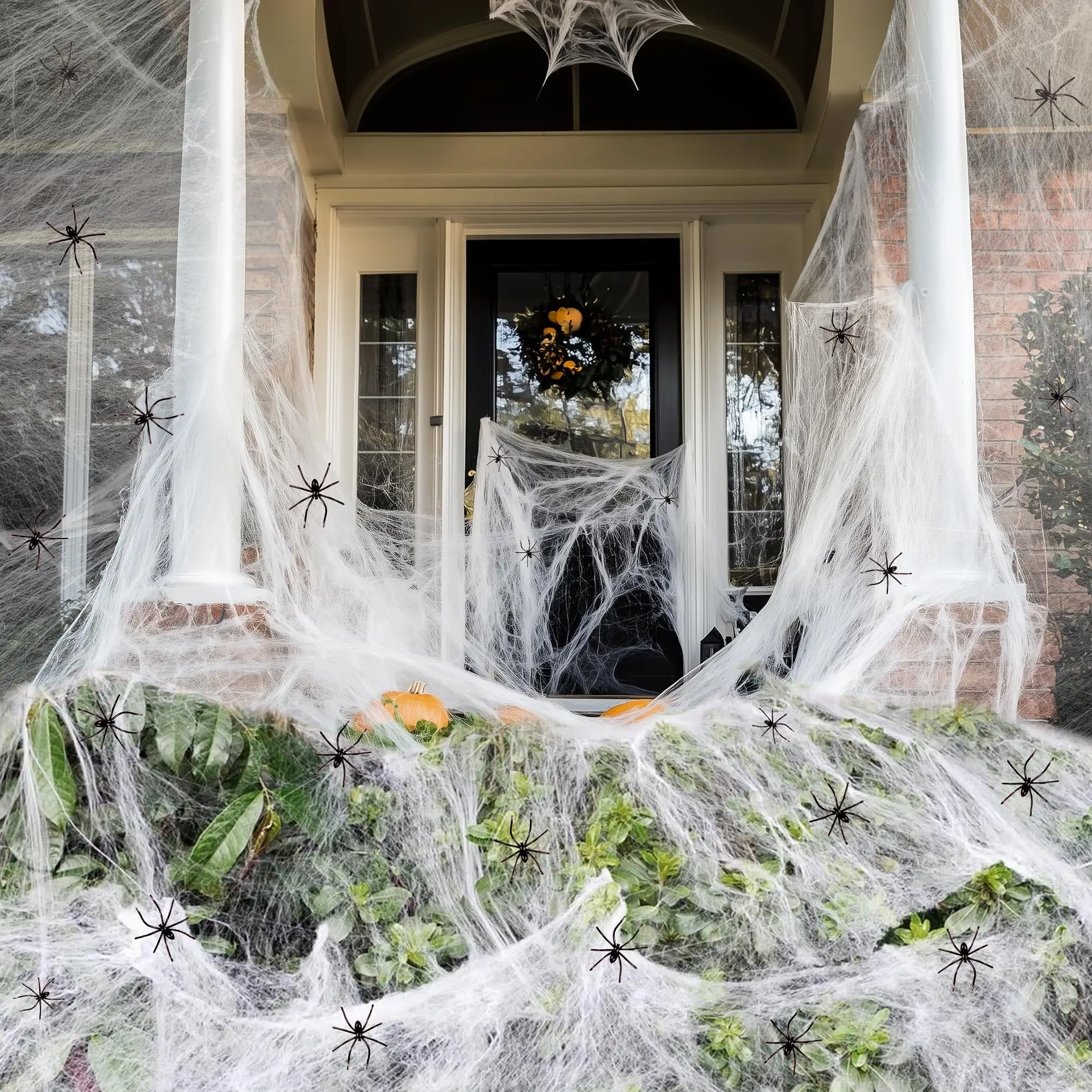 Telas de araña de Halloween de 1000 pies cuadrados con 60 uds de arañas telarañas súper elásticas decoraciones de Halloween suministros para fiestas interiores y exteriores
