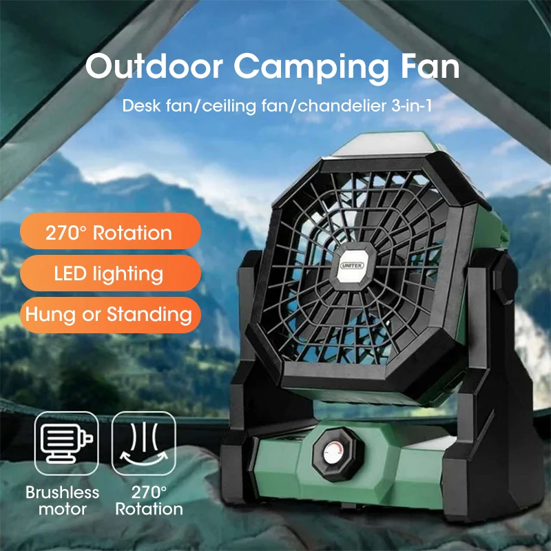 New 7800mAh Camping Fan High-Capacity Portable Fan Rechargeable Desk Fan with LED Light and Hook Outdoor Fan for Tent Car Trip