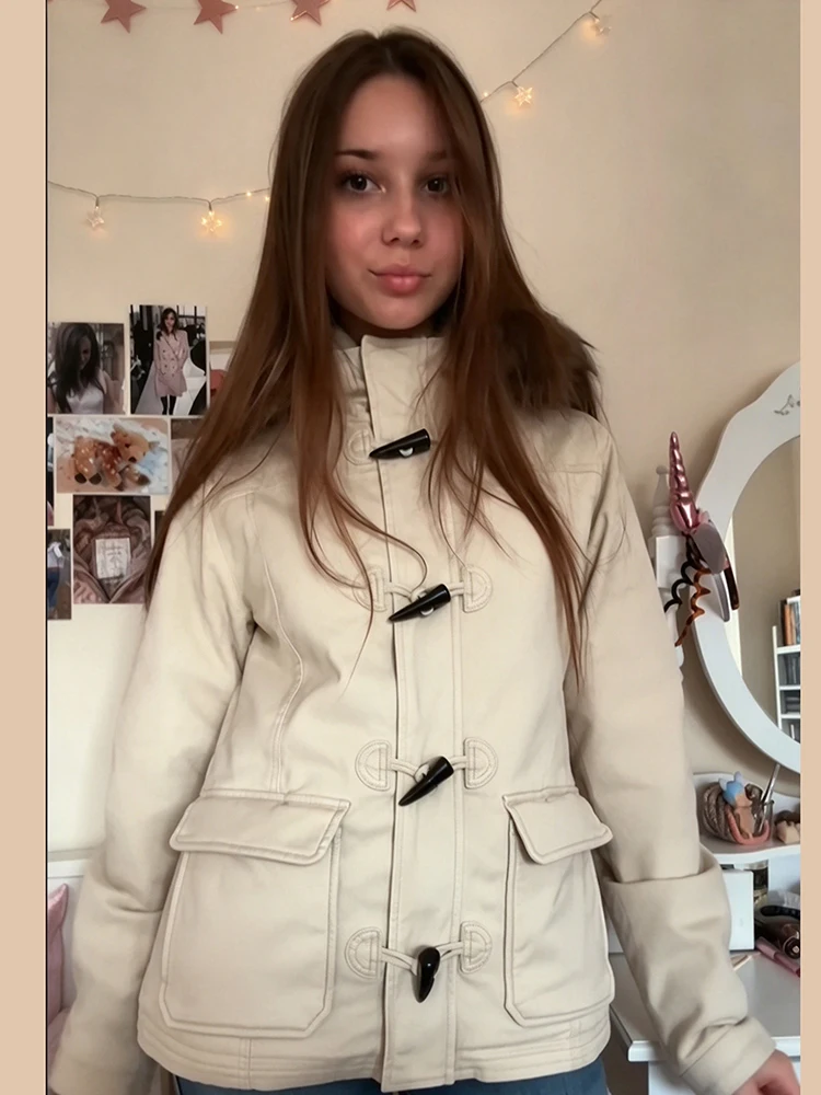 Women Faux Fur Hood Parka Toggle Button Plaid Lining Patch Pockets Short length Slim Fit Jacket Casual Street Ladies Outerwear