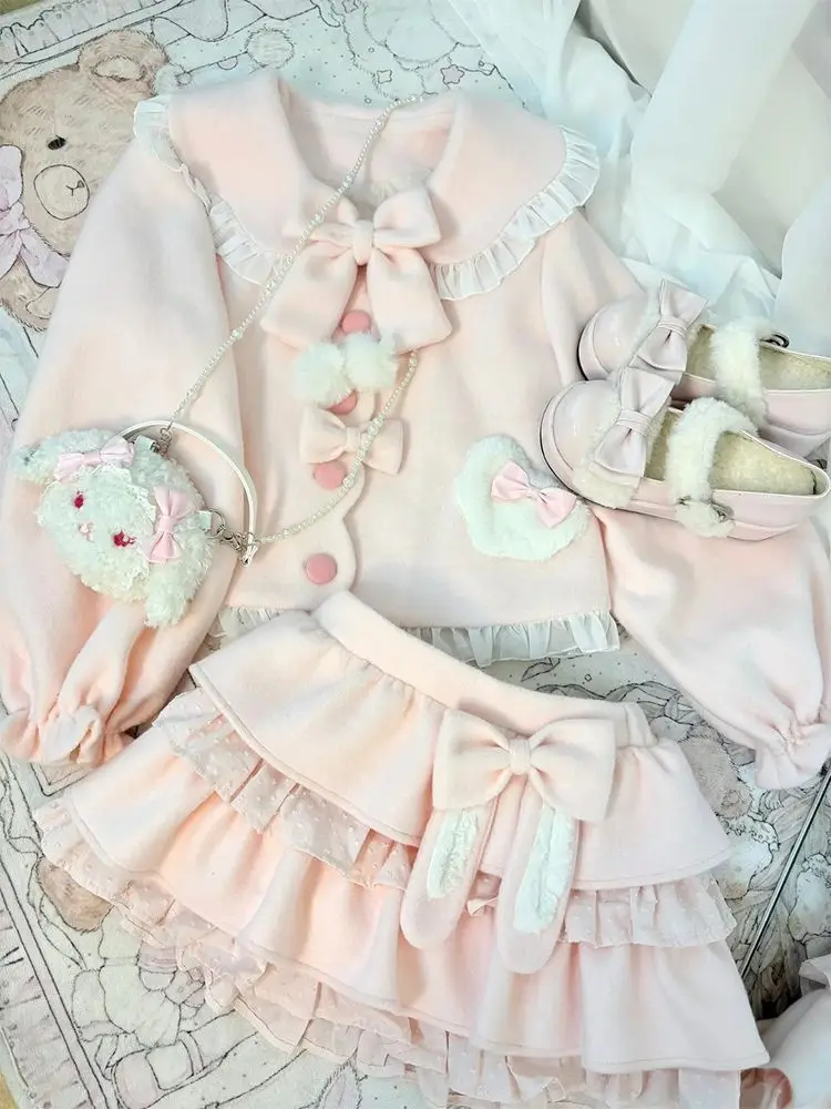 

Sweet Cute Soft Two Piece Set Women Kawaii Jacket + Mini Skirt Suit Soft Warm Outfit Kawaii Style Slim Fit Fashion Sets 2026 New