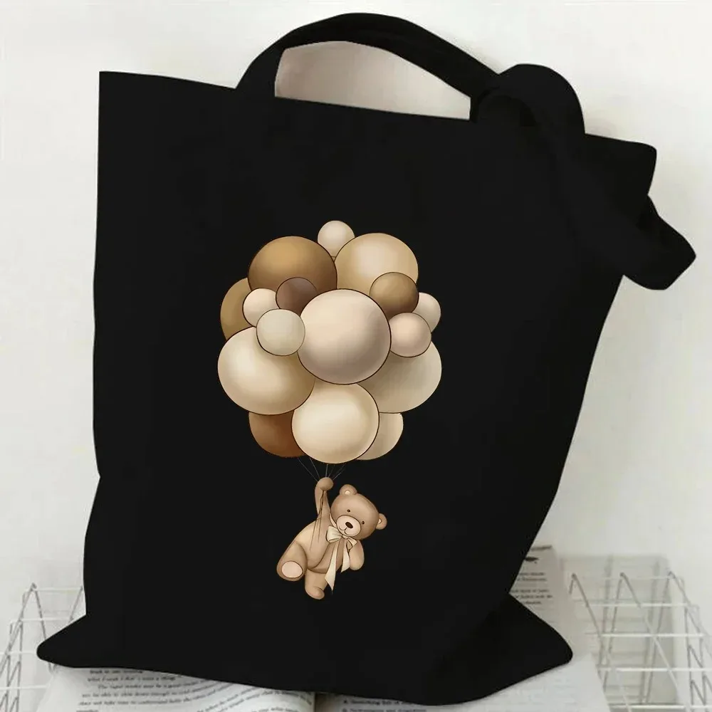 Cute Teddy Bear Print Canvas Tote Bag, Casual Shoulder Handbag, Portable Shopping Storage Bag for Teens Men Women