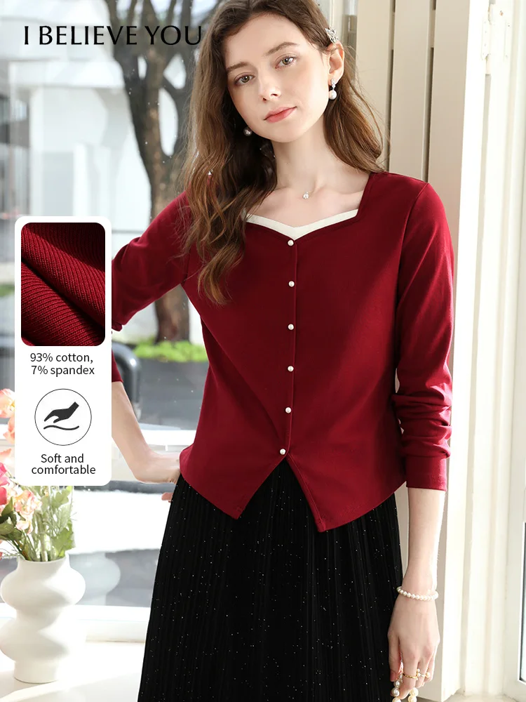 

I BELIEVE YOU Christmas Red Fake Two Piece Tees Diamond Collar Long Sleeve T-shirt 2025 Autumn Pullover Hem Slit Top 2254016091