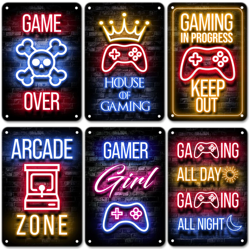 Pôster de metal vintage para jogos de néon, sinais de lata para jogos de sono, placa de metal retrô, decoração de arte de parede para meninos e meninas, sala de jogos, casa