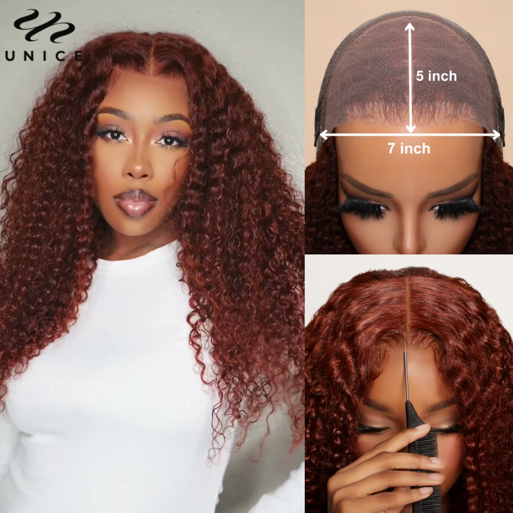 UNice Hair Reddish Brown Curly 7x5 Glueless Wig re Cut Pre Bleached Pre Plucked Lace Front Human Hair Wigs 150% Density