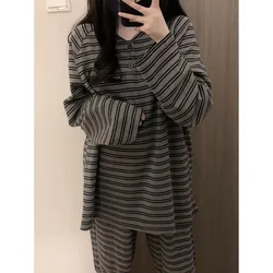 Striped Sleepwear Women Pajama Sets Piiama Pants Sets for Women 2 Pieces Casual Korean Night Wears Button Spring Home Suit 2024