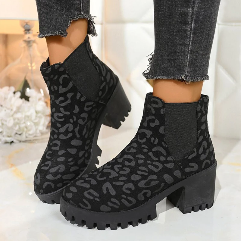 

Черные женские ботинки с леопардовым принтом в стиле ретро, ботильоны на высоком каблуке 7 см, женские удобные ботинки на квадратном каблуке, большие размеры 43 Botas Lady