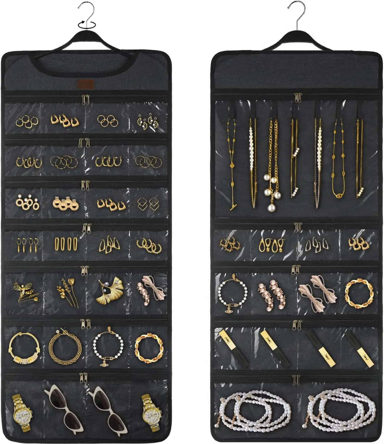 

Двусторонний вращающийся органайзер для украшений с карманами на молнии, настенная вешалка для колье и серег