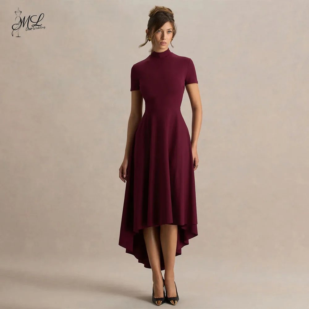 ML Vintage Customized High Collar Short Sleeves Prom Dresses Tea-Length Wedding Party Dress Guest Wear A Line Draped Prom Gown