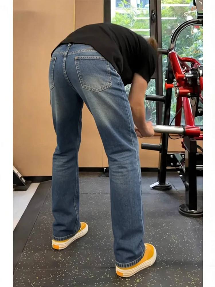 

Светло-голубые мужские джинсы прямого кроя с легким клешем, молодежные, модные, из смесового хлопка и полиэстера, в стиле High Street