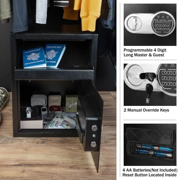 Electronic Safe Deposit Box - Drop Safe with Digital Keypad and 2 Manual Override Keys for Business Cash Drops or Home Safety by