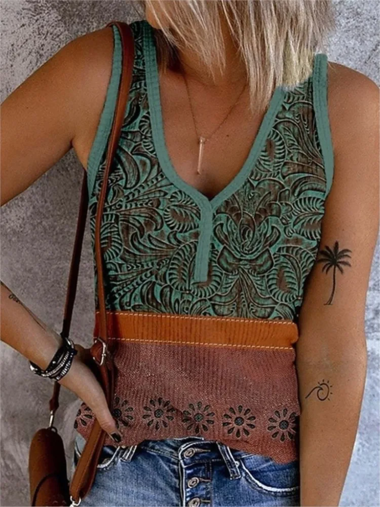 Floral Print V Neck Button Tank Tops Summer Sleeveless Camisole Casual Ribbed Vest Fashion Ladies Tops Camis Tanks Streetwear