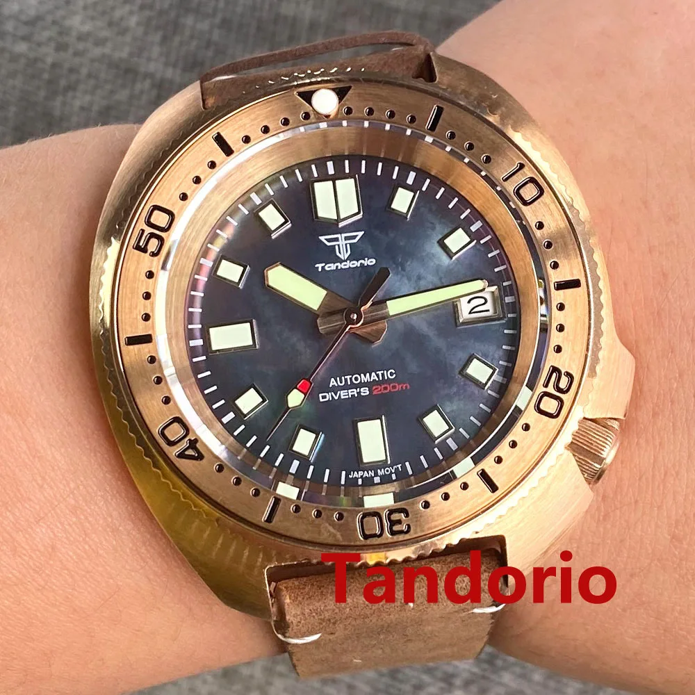 

44mm Tandorio Sapphire Glass Mother of Pearl Shell Dial Solid Full Cusn8 Bronze NH35A 20ATM Waterproof Mens Watch Date Luminous