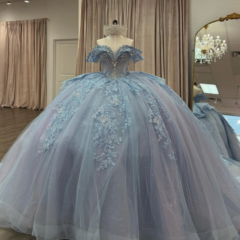 

Sky Blue Shiny Princess Off the Shoulder Sweet 16 Dress Quinceanera Dresses Applique Beading Crystal Bow Tull Party Birthday