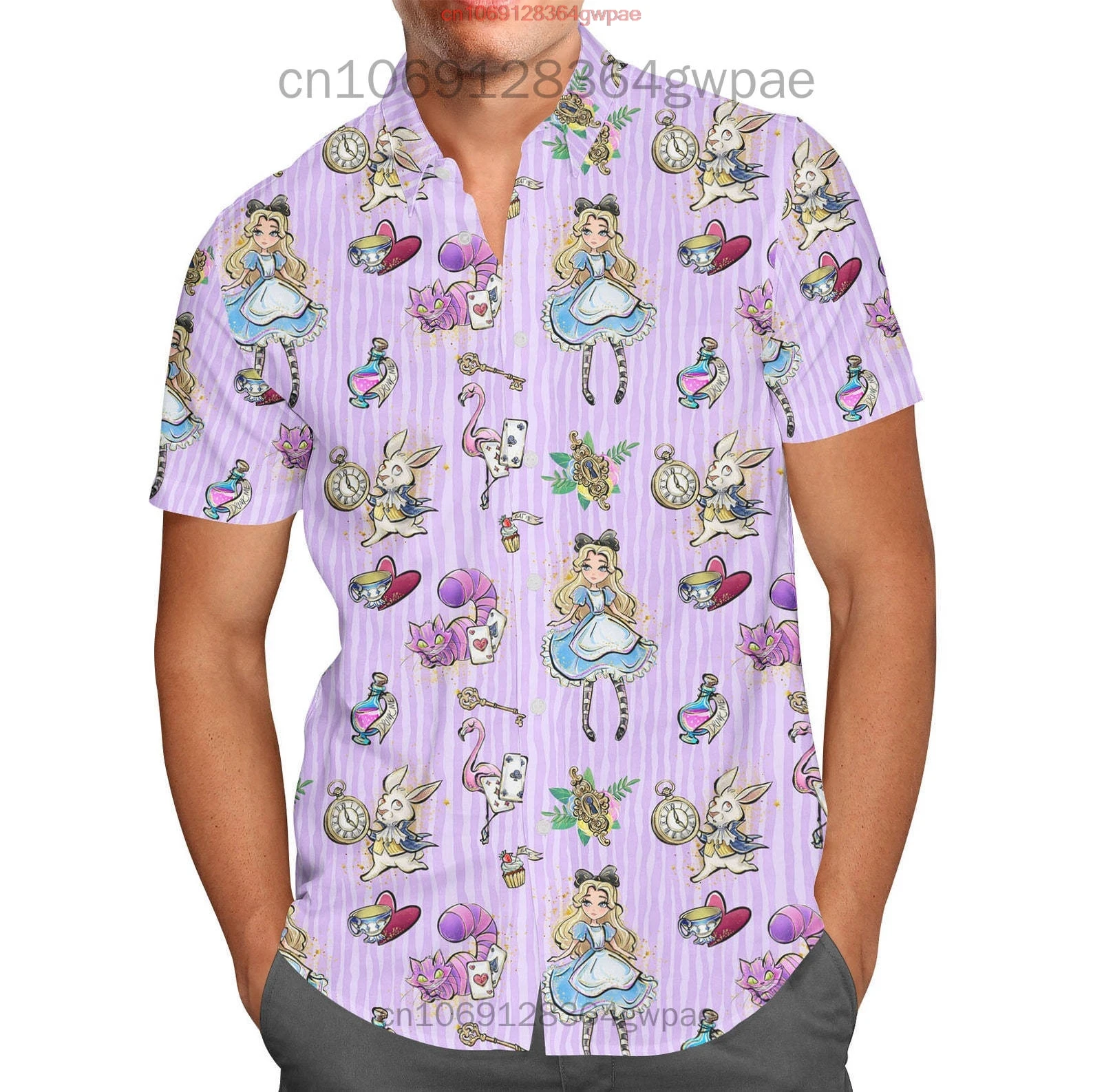 Disney Cheshire Cat Hawaiian Shirt Men\'s Women\'s Summer Casual Short Sleeve Button Down Shirt Beach Vacation Shirt Tees