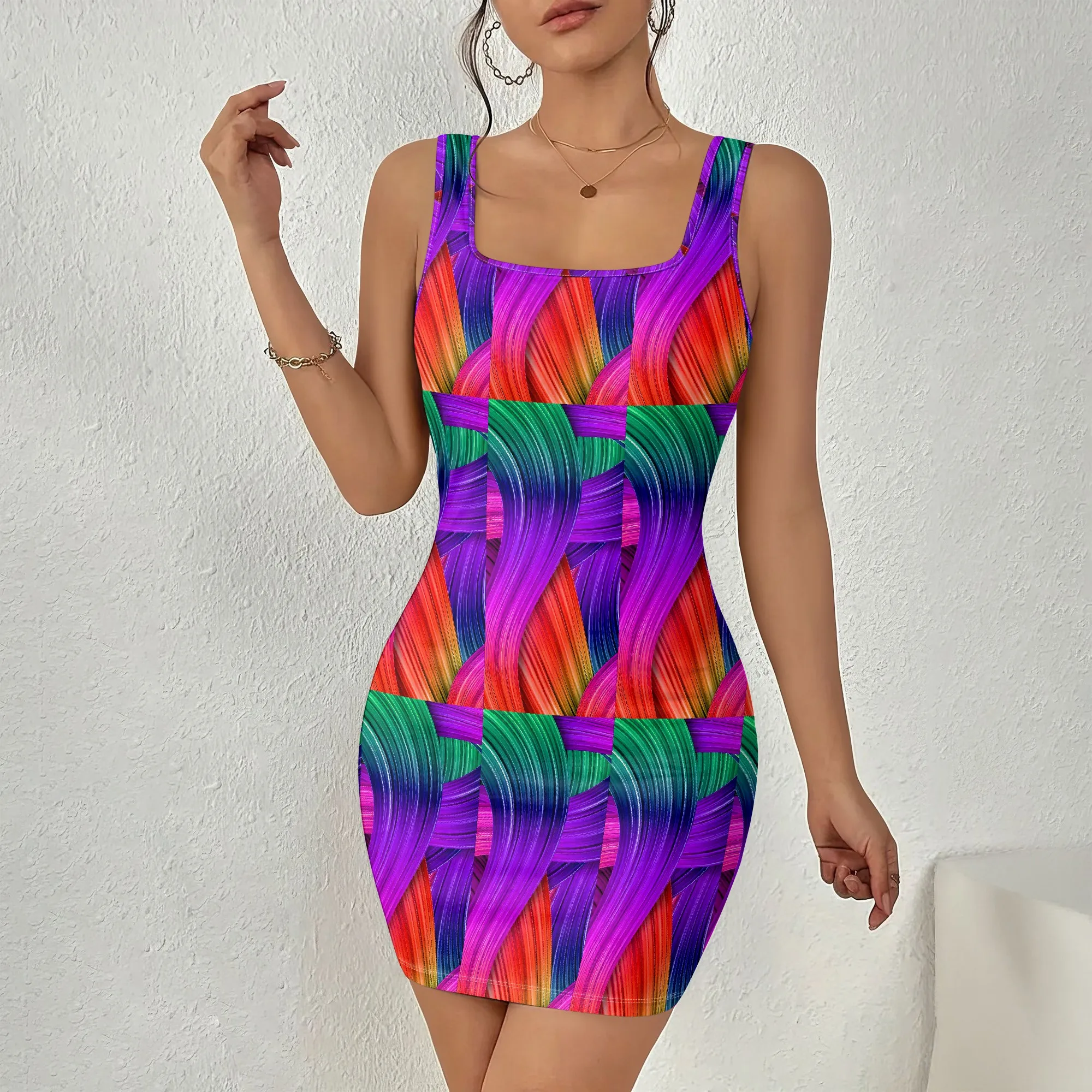 

Vibrant Print Bodycon Dress, Abstract Art Sleeveless Mini Dress, Colorful Summer Party Wear, S-2XL