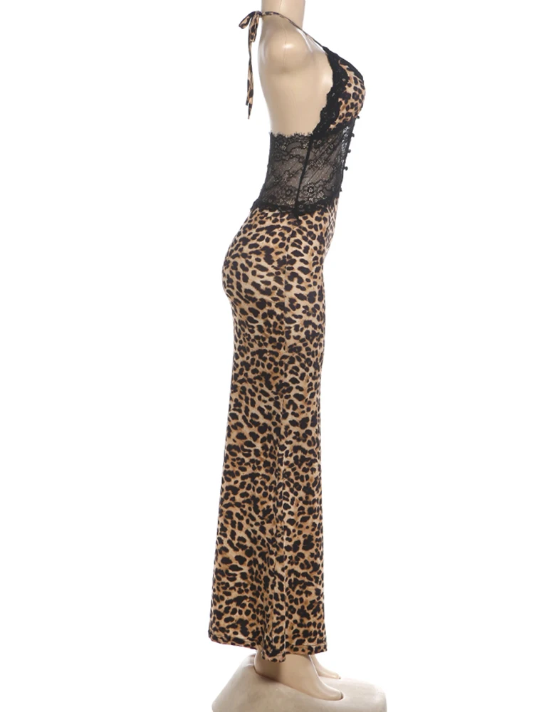 Weird Puss Spitzen-Patchwork-Kleid für Damen, Leopardenmuster, rückenfrei, Neckholder, Bandagen, ärmellos, sexy, für Partys, Streetwear, Maxi, figurbetont – Detail 5