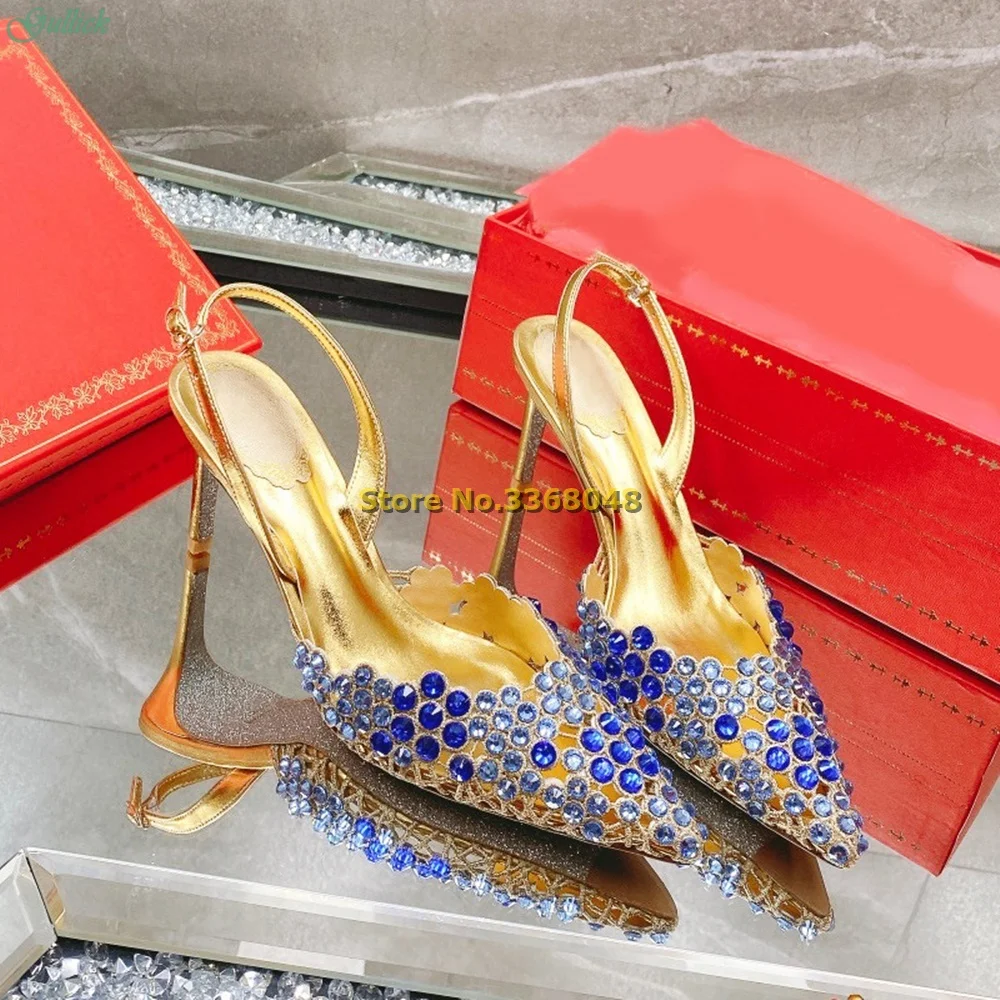 Top Quality Crystal Hollow Slingback Pumps Sexy Pointed Toe Thin High Heel Shallow Slip On Back Strap Gold Rhinestone Bling Shoe