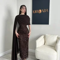 Bella Customized Chocolate Brown One-Shoulder Capelet Sequin Prom Dress Slim Fit Party Dresses Floor-Length Elegant Formal Gown 3