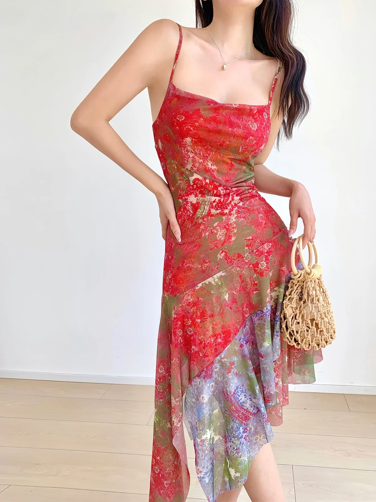 

French Style Design Sense Irregular Square Neck Sling Dress Women Summer New Cinching Waist Slim Spicy Girl Sexy Long Dress D401