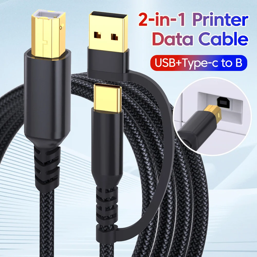 Cable de impresora 2 en 1 USB B a USB A tipo C Cable de escáner macho a macho Cable de impresora de alta velocidad para HP Canon Epson Dell Lexmark