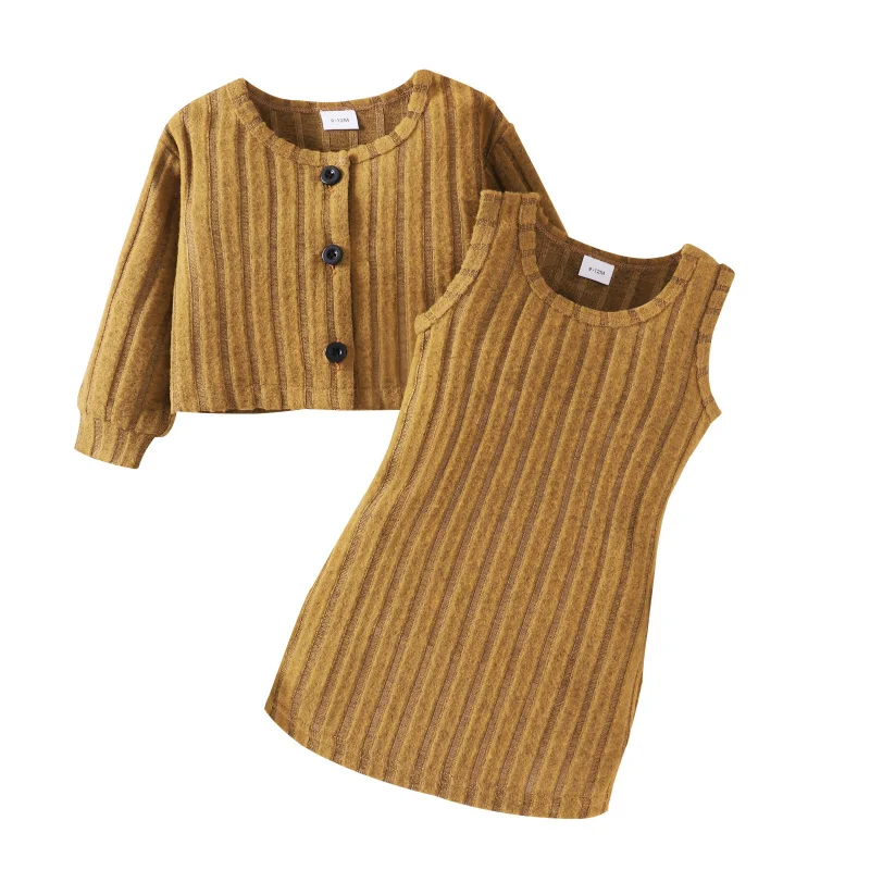 

Specially designed for autumn and winter new girls' outfits Solid Color Striped Jacket Vest Dress Two-Piece Set
