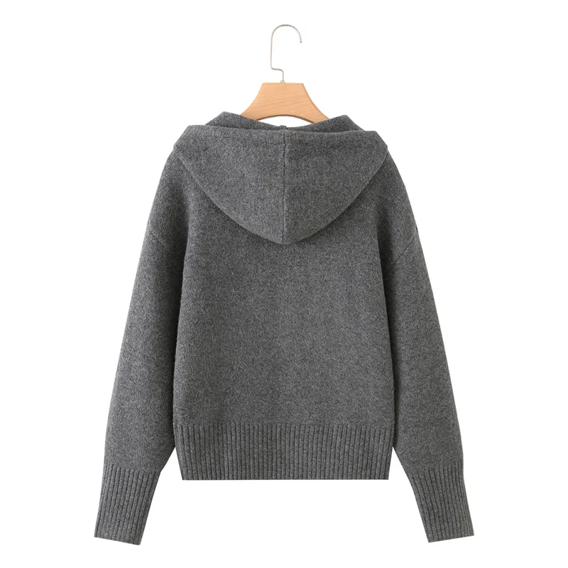 Guobioziy Women's Jacket 2026 Fall/Winter New Gray Long-Sleeve Hooded Simple Knit Cardigan Parka Casual Fashion