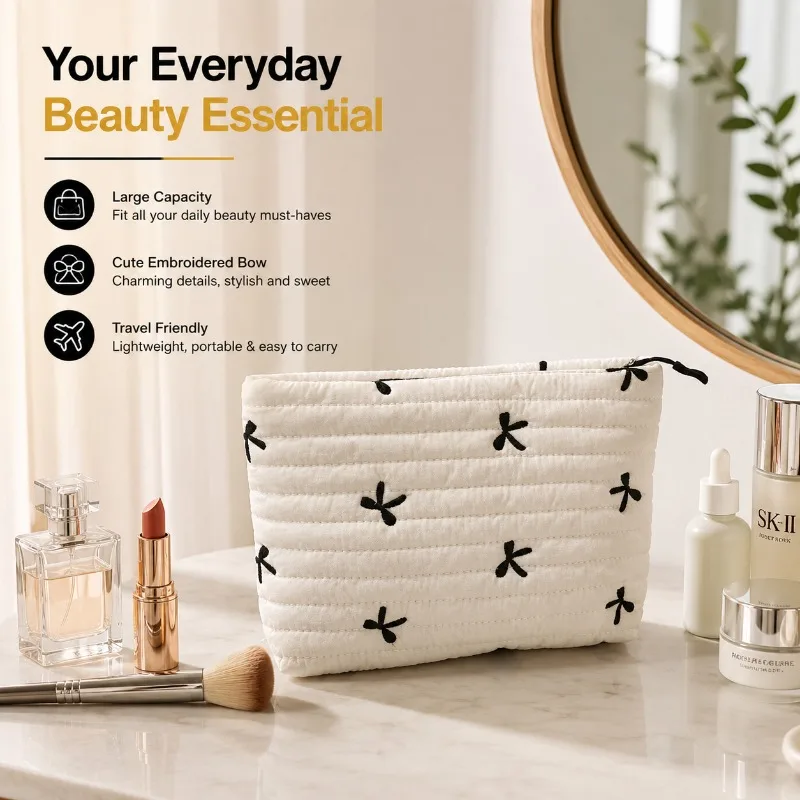 

Women Embroidered Bow Large Capacity Cosmetic Makeup Bag with Zipper, Polyester Travel Wash Storage Organizer