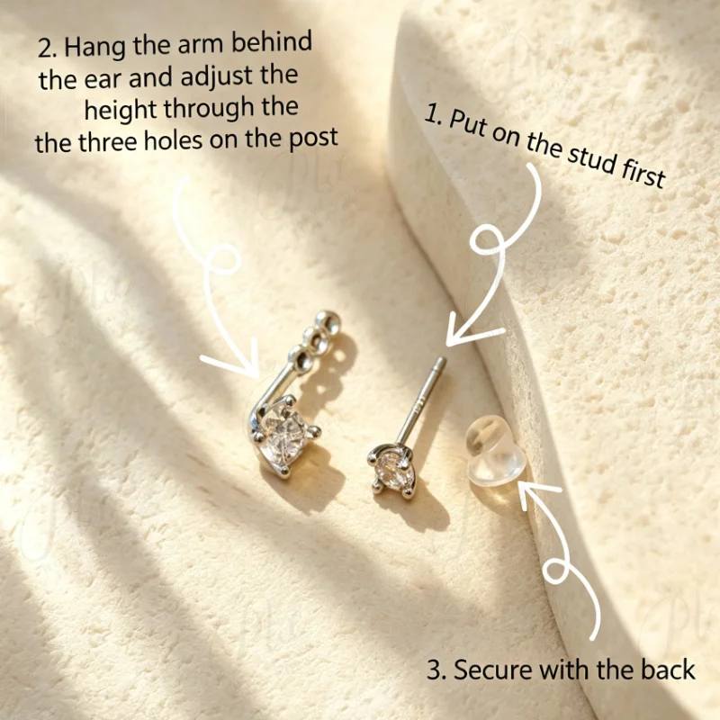 Ohrstecker, 3 mm, rund, aus 925er Sterlingsilber, mit Haken zum Aufhängen, für Damen, exquisit, elegant, feiner Schmuck, Geschenk zum Jahrestag. – Detail 2