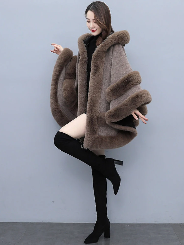 Fashion Faux Rex Rabbit Fur Capes Shawl Long Knit Poncho Coats Wraps  Pashmina Cloak Women Winter New Cape Mujer Casacos E559