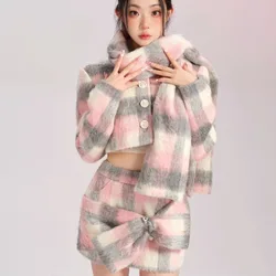 New 2024 Winter Fashion Plaid 3 Piece Set Woman Fur Warm Short Coat + Bodycon Slim Mini Skirt Party Korean Style Suit Bow Design