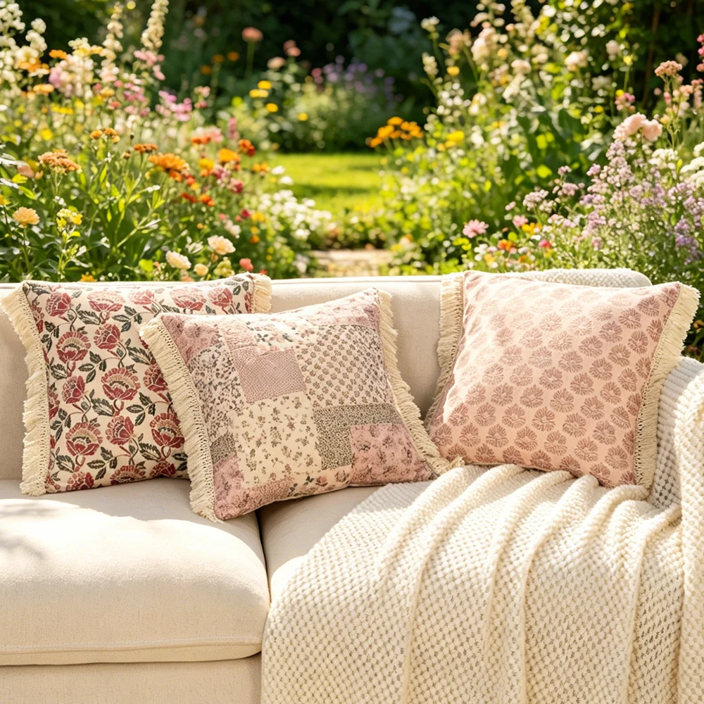 BUYNOW 1 Stück Kissenbezug im Landhausstil mit Blumenmuster für Wohnzimmer, Sofa, Zuhause, Bett, Dekoration, Kissenbezug mit Quasten