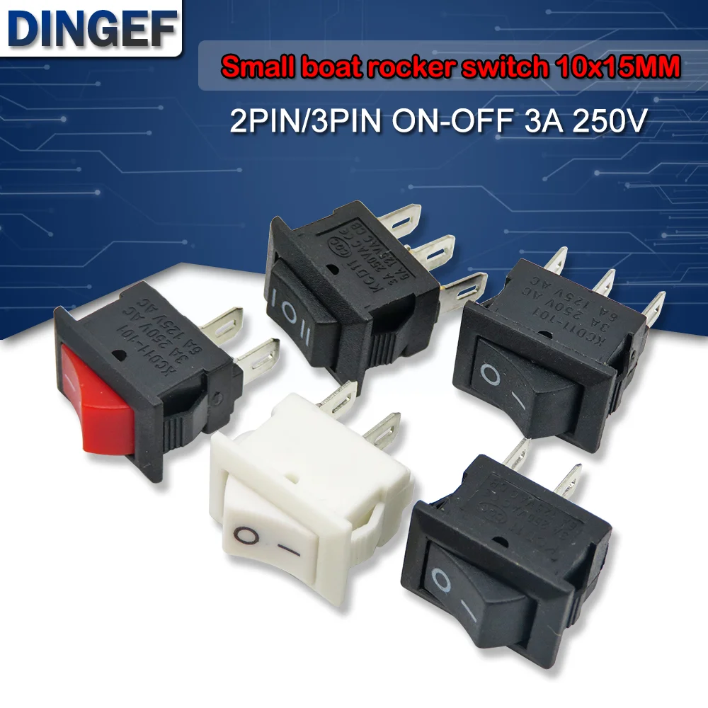 10PCS 3Pin 2PIN 3A 250V 10*15mm Black Red Button Rocker Switch ON OFF ON AC 10X15 Mini Rocker Power Switches
