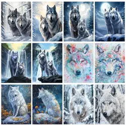 PhotoCustom Diy Paint By Numbers With Frame Snow Wolf Animal Pictures By Numbers Acrylic Paints For Adults Home Decor Gift