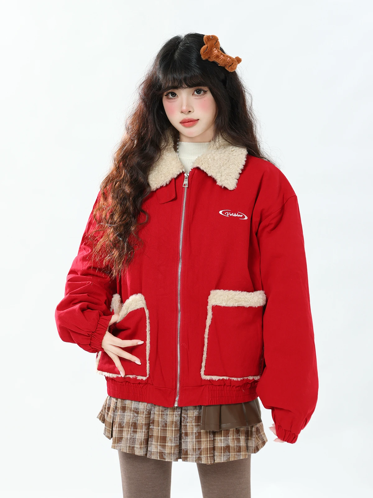 

ENJOG Retro Lamb Fur Patchwork Red Cotton Jaet Women Winter Thiened Loose Warm Small Size Cotton Coat Outerwear