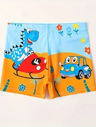 Cartoon Dinosaur Driver And Car Pattern Quick Dry Swim Trunks For Boys, Elastic Waist Beach Shorts, Boys Swimwear For Summer Vac