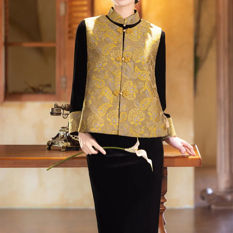 

Fashion Chinese Style Chesongam Gold Sleeveless Qipao Vest Women Autumn Winter Improved Hanfu Dress Spring Festival Party Wear