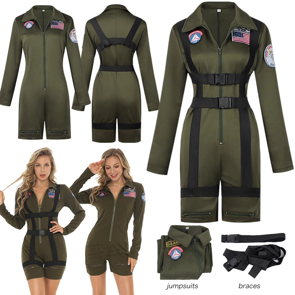 Disfraz de Cosplay de Top Gun para mujer, uniforme de aviador de la Fuerza Aérea Americana, disfraces de Halloween, mono de piloto militar verde militar para mujer y niña