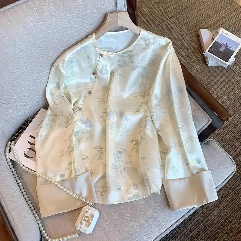New Chinese Jacquard Round Collar Slant Collar Pan Button Satin Shirt for Women's High End Temperament Chinese Style Shirt