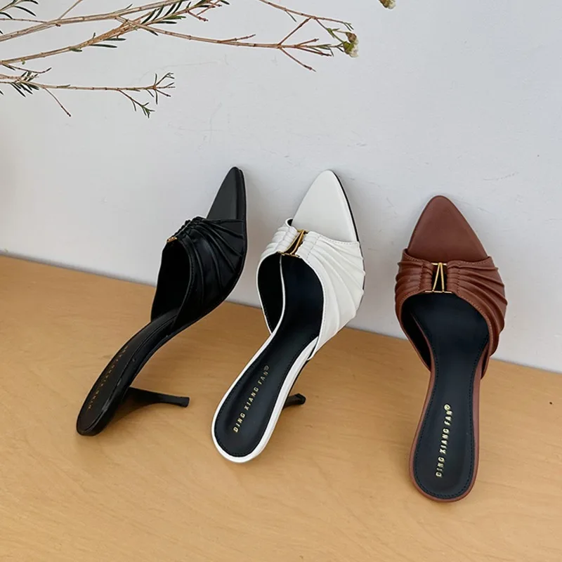 

Women's Cool Slippers French Style Temperament Pointe Thin Heel Slippers Fashion Pleated Hollowed-out Design High-heeled Sandals