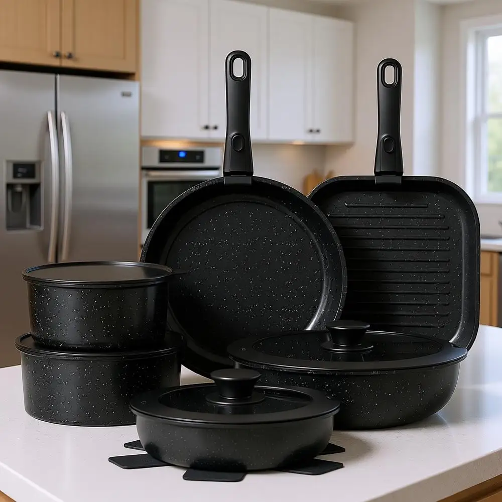 

Набор посуды из 26 предметов с антипригарным покрытием и съемными ручками, подходит для индукционных плит и духовок, черный