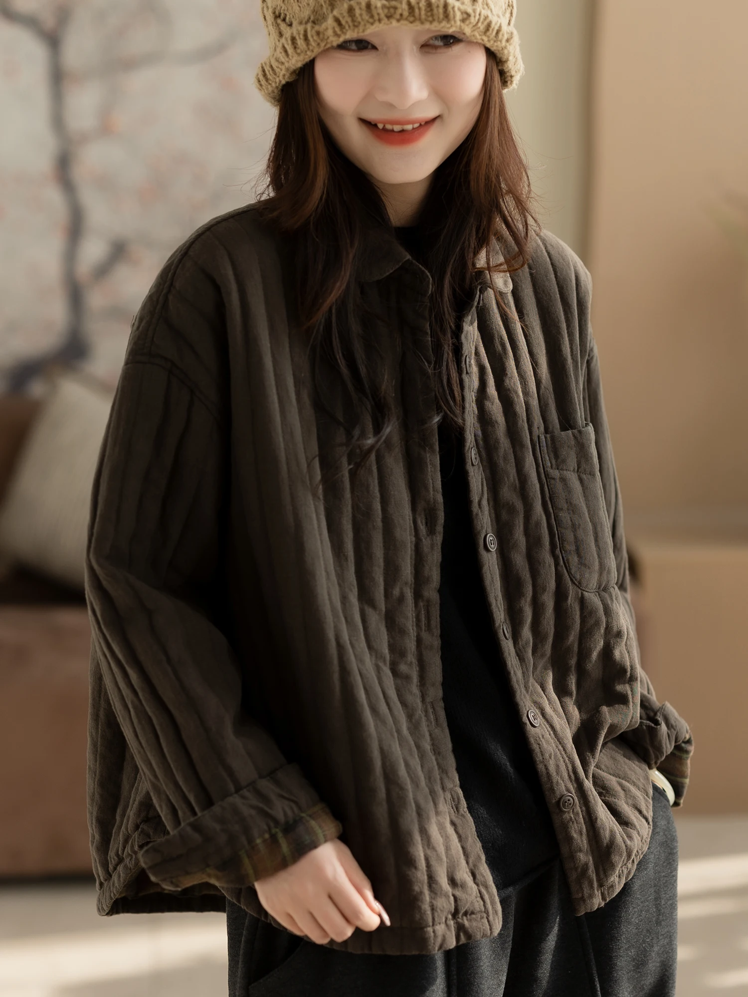 

Casual Commute Women's Pure Color Cotton Linen Jaet Coat Loose Fit Long Sve Collar Single Button Regular Thin